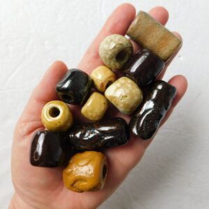 Vintage Macrame Beads Ceramic Handmade Lot fo 12 Rustic, Large Hole Glazed Clay